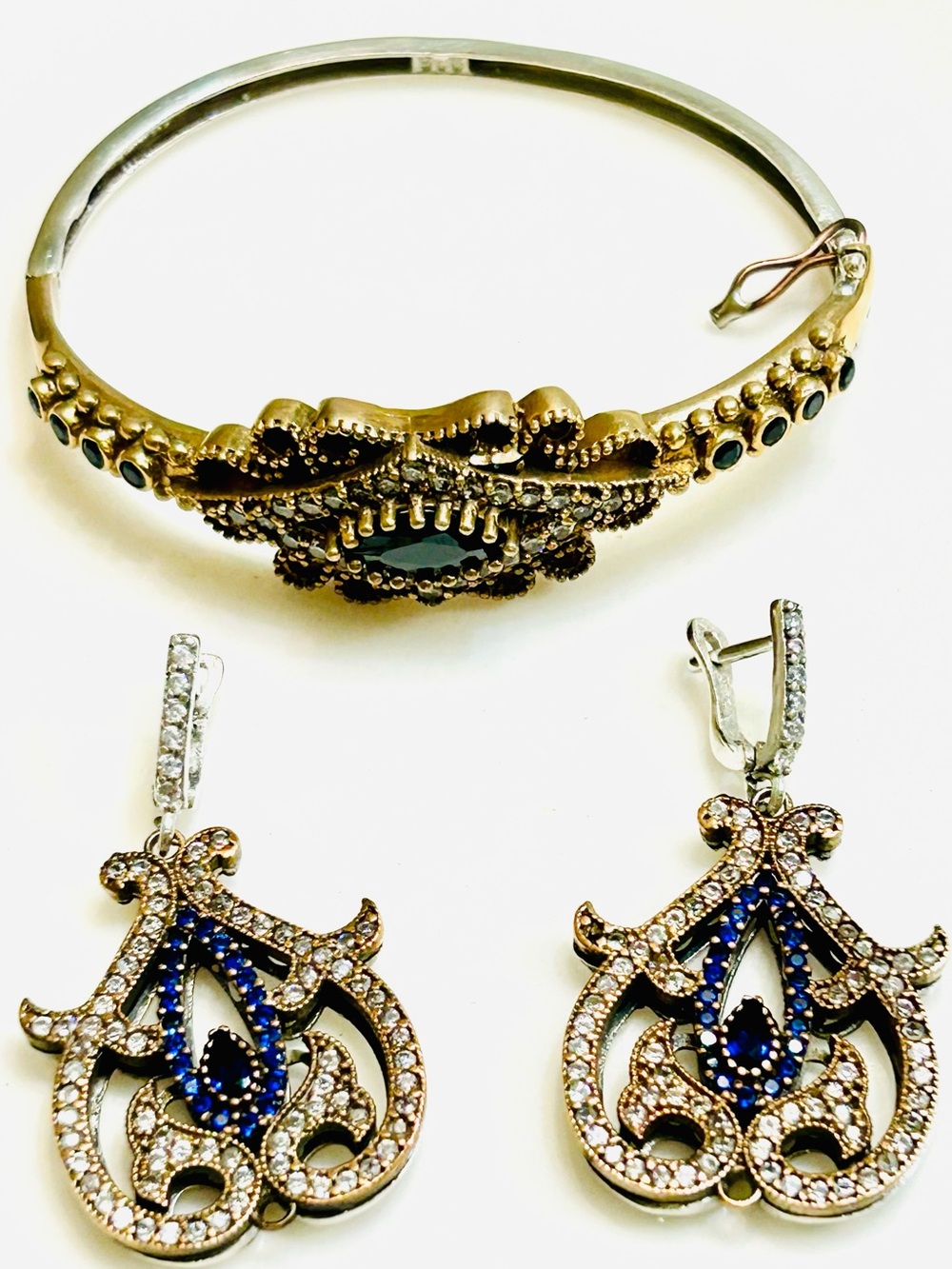 925 and Gold over brass Turkish Ottoman-style hinged bangle and Earrings